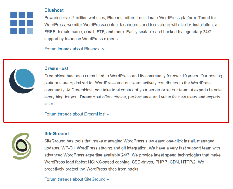 dreamhost recommendation by wordpress