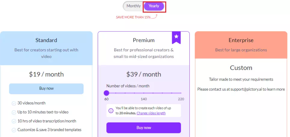 pictory plans and pricing